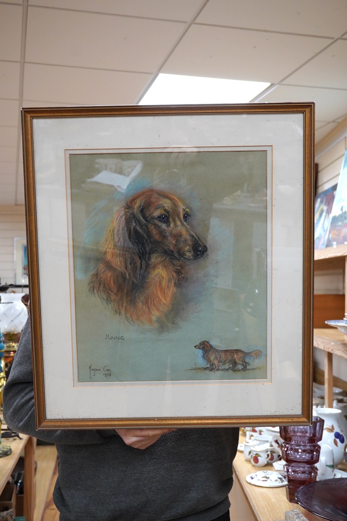 Marjorie Cox (1915-2003), pastel, Portrait of a Dachshund 'Minnie', signed and dated 1973, 42 x 36cm. Condition - fair